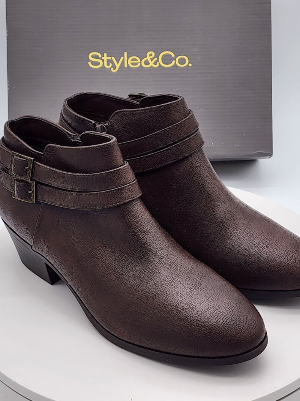 Style & Co Willaap Dark Roast Belted Block Heel Ankle Booties Size 8 M